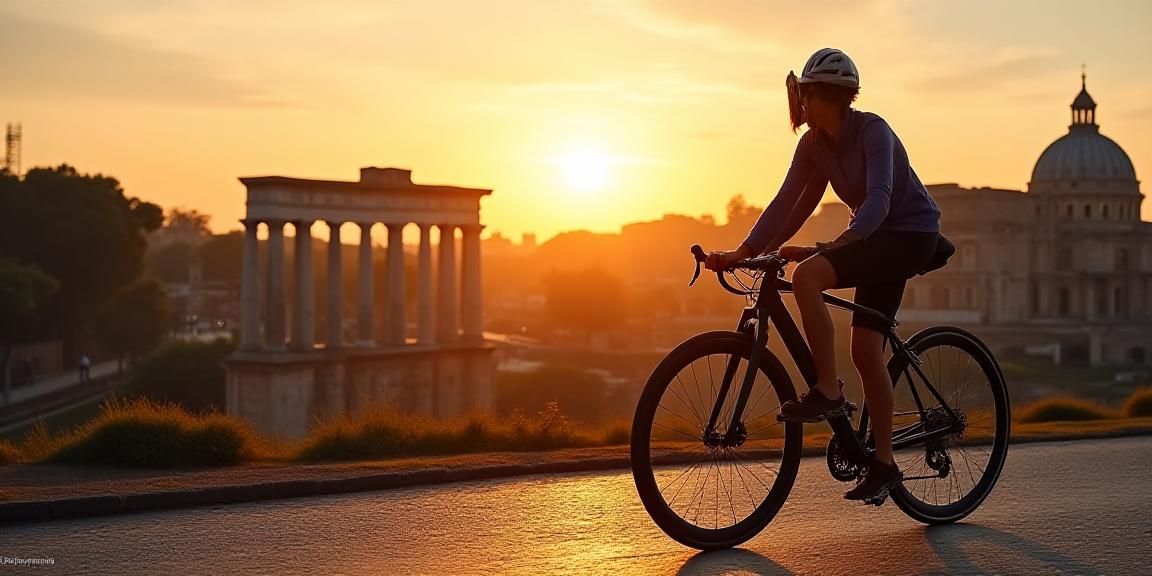 Ciclista urbano che osserva i Fori Imperiali al tramonto